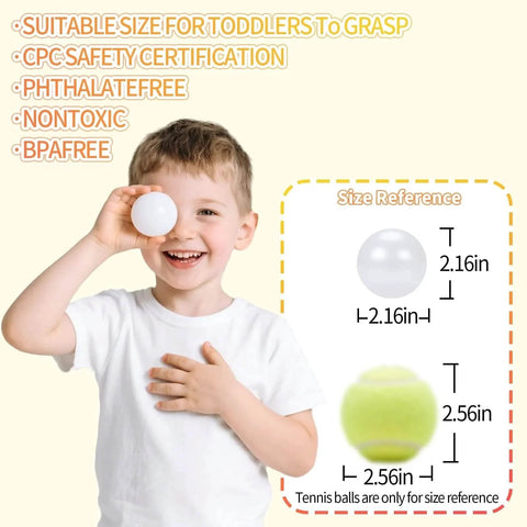 Child holding a ball pit ball, 2.2-inch size, with phthalate and BPA-free features highlighted, tennis ball size comparison shown.