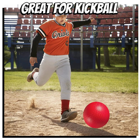 Child kicking a red ball on a baseball field, perfect for 10 Inch Kickball Playground Balls - (Pack of 6) Inflatable Rubber Indoor Outdoor Bouncy Balls for Adults & Kids - Dodgeballs, Kickballs, Four Square and Handballs for School, Gym, with Hand Pump.