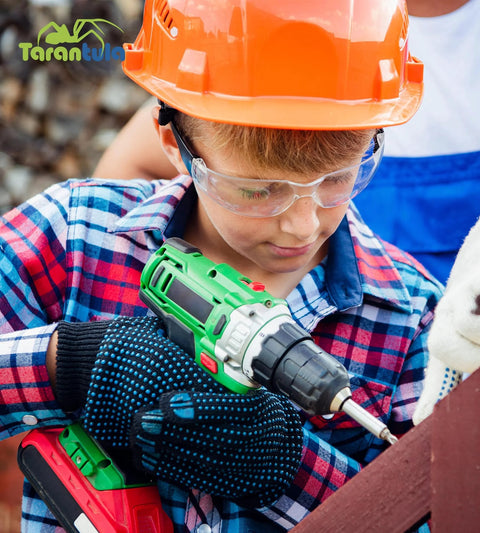 Child wearing Kids Safety Glasses Pack Six EN166 Z87 Anti Fog UV Scratch Resistant Colorful while using a drill