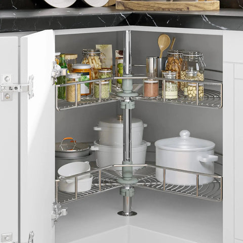 28 Inch Kidney Shaped Chrome Pie Cut Lazy Susan Corner Organizer For Kitchen Base Cabinets With 270 Degree Rotation and Telescoping Mount Two Shelf Blind Corner Storage For Pots Pans Lids And Containers