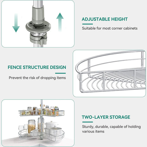 Features of 28 Inch Kidney Shaped Chrome Pie Cut Lazy Susan Corner Organizer including adjustable height and two-layer storage.