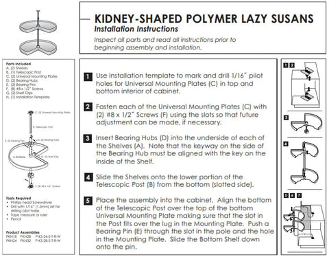 Installation instructions for Kidney Shaped Lazy Susan with two white polymer shelves and chrome telescoping post.