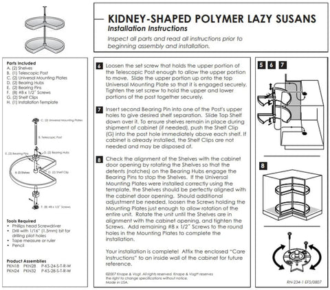 Installation instructions for Kidney Shaped Lazy Susan With Two White Polymer Shelves, Chrome Telescoping Post, hardware and tools.