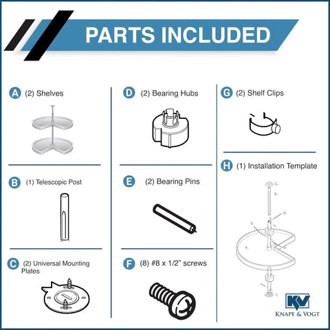 Parts included for Kidney Shaped Lazy Susan With Two White Polymer Shelves, Chrome Telescoping Post, hardware and installation kit shown.