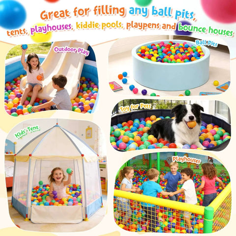 Collage of kids and dog with Ball Pit Balls Phthalate Free BPA Free Crush Proof Plastic - 7 Bright Colors in various play settings.