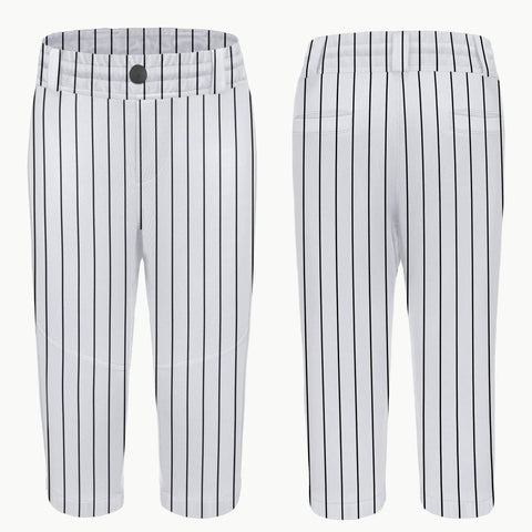 Front and back of Kids Knickers Baseball Pants For Youth Tee Ball And Softball Practice Elastic Hem Knickers with pinstripe design.