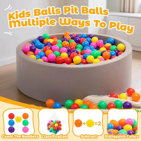 Ball Pit Balls for Toddlers: 50 Colorful Non-Toxic Balls – BPA-Free, Phthalate-Free, in a play area with educational tips.