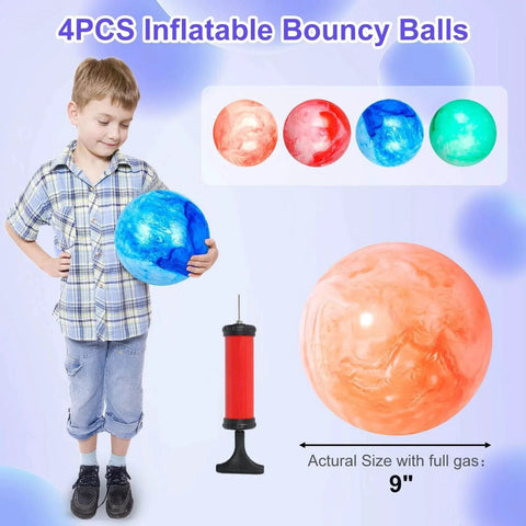4PCS Playground Balls for Kids, 9 Inches Dodgeballs Bouncy Balls, with air pump, child holding blue rubber inflatable ball.
