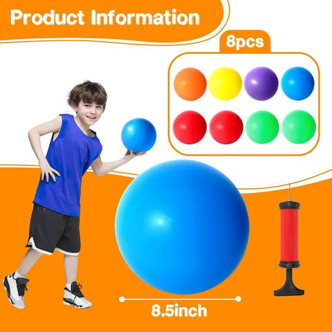 8PCS Inflatable Playground Balls, 8.5Inch Bouncing Sensory Balls with Hand Air Pump, child holding blue ball