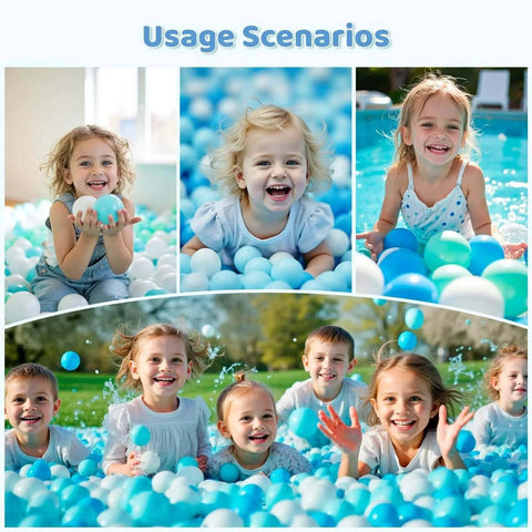 Children playing with Ball Pit Balls for Toddlers, BPA Free Crush Proof Plastic Toy Balls in ball pits and pools, white, green, blue colors.