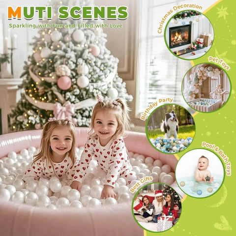 Children playing in pool with Plastic Balls for Ball Pits - Pack of 100 Hollow Balls in front of Christmas tree.
