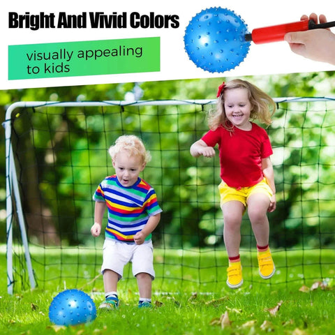 Children playing with 64 Pieces 6.3 Inch Knobby Balls for Kids Sensory Balls with Air Pump in a grassy area.