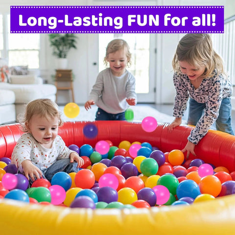 Toddlers playing in a ball pit with 200 ball pit balls for toddlers with storage bag - 7 bright colors, great play toys for tents, pools, and party.
