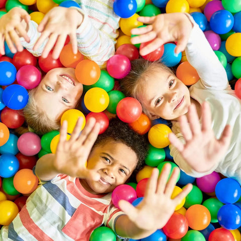 Children playing in colorful ball pit with Play Balls for Ball Pit, Plastic Crush Proof, Phthalate & BPA Free, Assorted Colors (200 Balls).