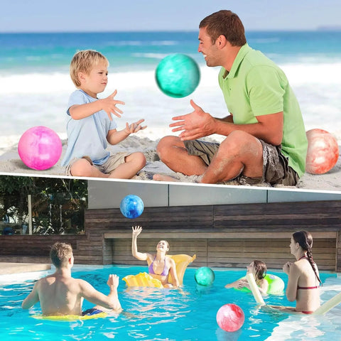 Children and adults playing with 4PCS Playground Balls for Kids, 9 Inches Dodgeballs Bouncy Balls at beach and pool, with air pump included.