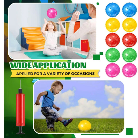 Children playing with 200 Pcs Knobby Balls 6.3 Inch Soft Bouncy Balls Bulk Inflatable Sensory Toys with Air Pump, 5 Color.
