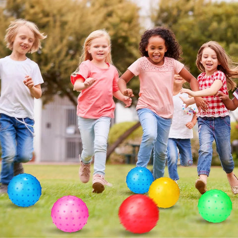 Children playing with 24 Pieces Knobby Balls 4.72" Bouncy Spiky Sensory Ball Bulk Soft Inflatable Massage Stress Plastic Toy, multicolor