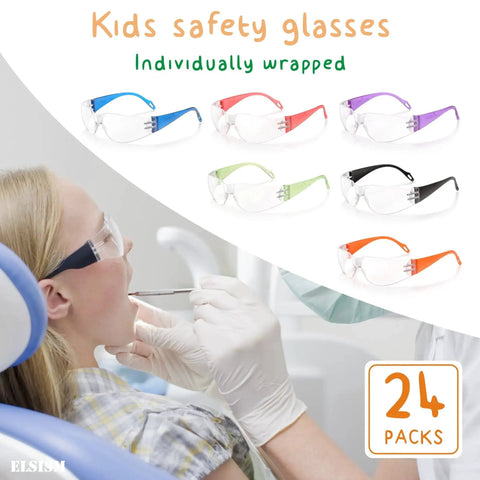 Kids Safety Glasses 24 Pack UV Protection Goggles ANSI Z87 Impact Resistant with colorful design on child in dental chair