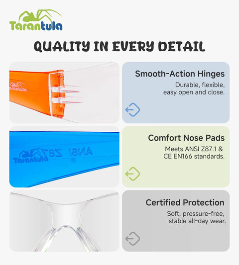 Kids Safety Glasses Pack Six EN166 Z87 Anti Fog UV showing features: smooth hinges, comfortable nose pads, certified protection.