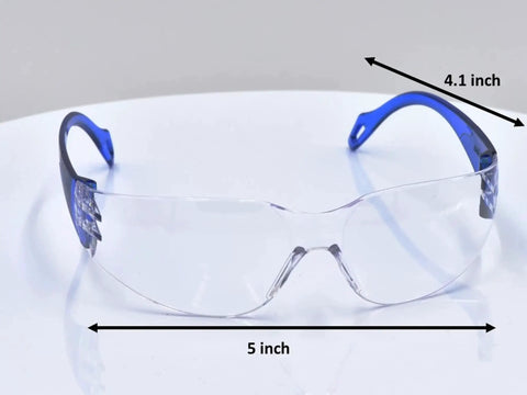 Front view of Kids Safety Glasses with ANSI Z87.1 EN166 Certified Impact Resistant Clear Lenses, 5-inch width, blue temples