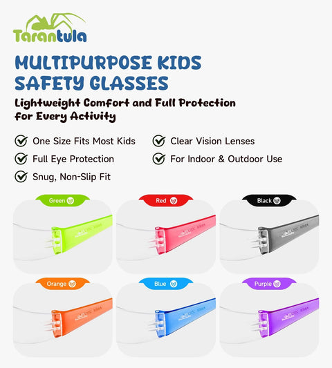 Display of Kids Safety Glasses Pack Six EN166 Z87 Anti Fog UV Scratch Resistant Colorful in green, red, black, orange, blue, purple.