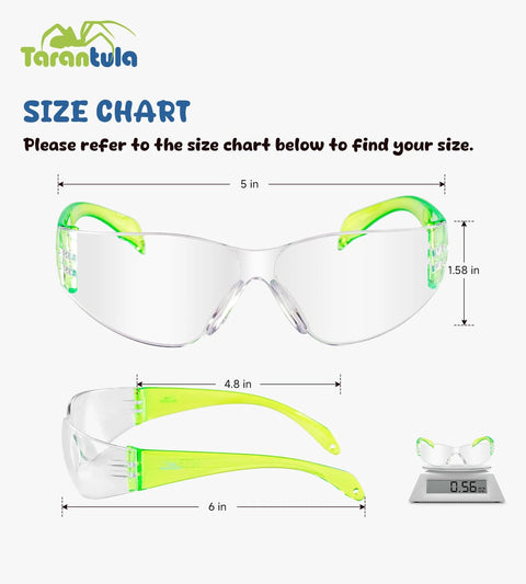 Size chart for Kids Safety Glasses Pack Six EN166 Z87 Anti Fog UV Scratch Resistant Colorful, showing dimensions and weight.