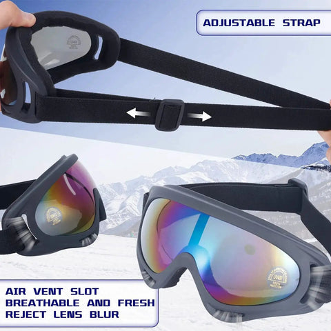 2 Pack Kids Ski And Snowboard Goggles showing adjustable strap and tinted lenses against snowy backdrop
