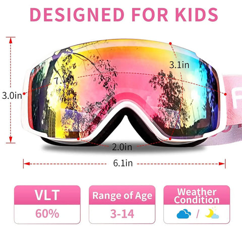 Kids Ski Goggles Anti Fog UV Protection Mirror Lenses For Toddlers Youth Snow with dimensions and features highlighted