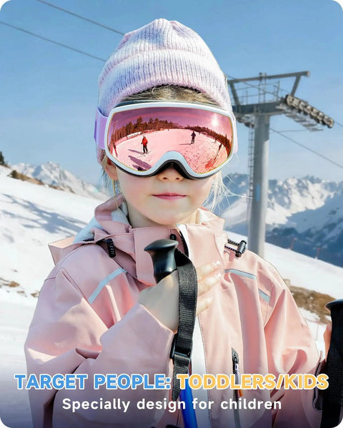 Kids wearing ski goggles, UV400 protection, snow mountain background, Kids Ski Goggles For Boys And Girls 3 To 12 With Anti Fog UV400 Protection.