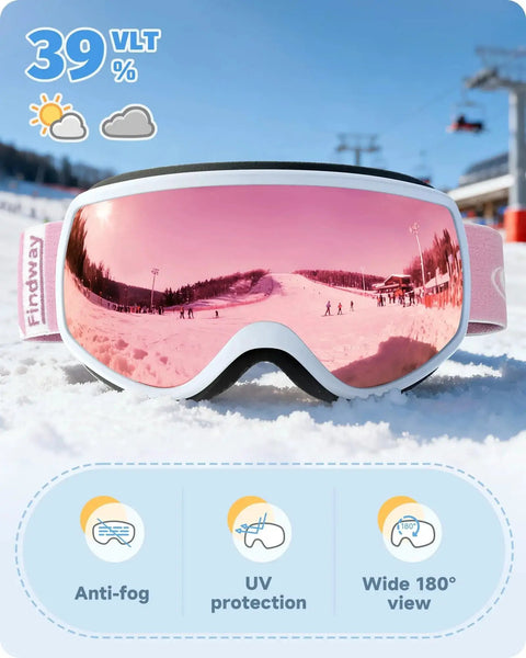 Kids Ski Goggles For Boys And Girls 3 To 12 With Anti Fog UV400 Protection in snow, pink lens, adjustable strap