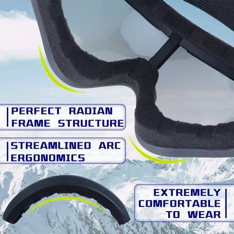 Close-up of kids ski goggles showing soft TPU frame and ergonomic design, perfect for snow sports. 2 Pack Kids Ski And Snowboard Goggles For All Ages Boys And Girls Snow Sports.