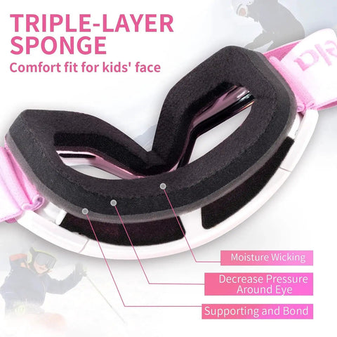 Triple-layer sponge interior of Kids Ski Goggles Anti Fog UV Protection Mirror Lenses For Toddlers Youth Snow with comfort features.