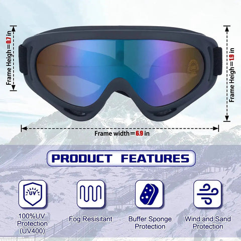 2 Pack Kids Ski And Snowboard Goggles For All Ages Boys And Girls Snow Sports, UV400 protection, fog-resistant features displayed