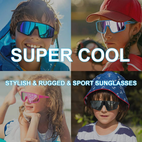 Four kids wearing stylish and sporty sunglasses outdoors, showcasing the Three Pack Kids Sunglasses UV400 For Ages 6 To 14 Black Blue White.