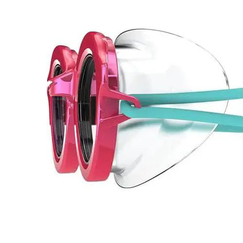 Side view of Sunny G Kids Swim Goggles with Anti Fog Lenses for Ages 3 to 8 UV Protection featuring pink frame and blue strap.