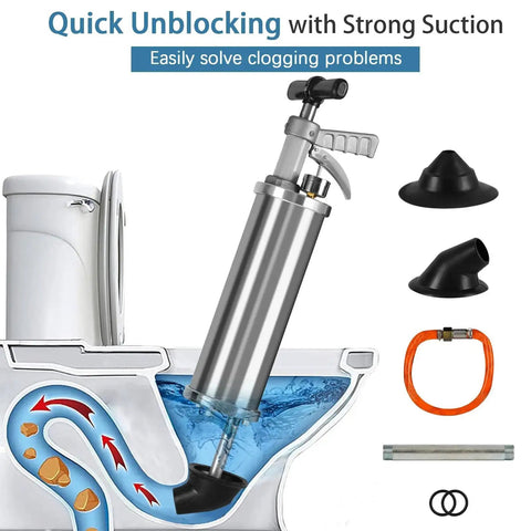 Portable High Pressure Kinetic Toilet Plunger Air Blaster Pump with attachments for clogged toilets and drains