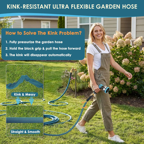 Amazon FlexiSolve 150 ft non-expandable garden hose in blue with 10-pattern nozzle and shut-off valve on a lawn.
