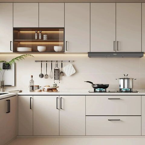 Modern kitchen with 10 Pack 5 Inch Solid Zinc Alloy Cabinet Handles In Black Finish Durable Drawer Pulls, installed on white cupboards