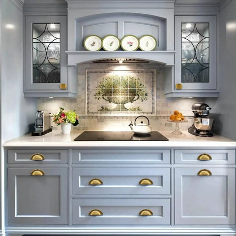 Kitchen with Antique Brass Zinc Alloy Cabinet Pulls 2.5 Inch Center Hole 64mm Heavy Duty Cupboard Handles, view on gray cabinets