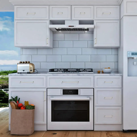 Modern kitchen with Brushed Nickel Cabinet Pulls 3-3/4 Inch Hole Center 20 Pack For Drawers And Cupboards on white cabinets
