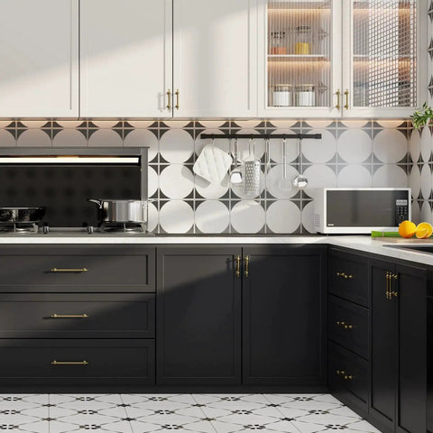 Modern kitchen with black and white cabinets featuring 10 Pack 3 Inch Champagne Bronze Cabinet Handles Oval Bar Pulls With Rounded Corners.