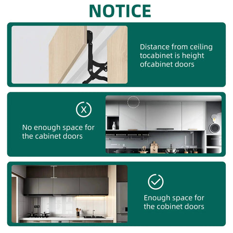 Instructional image showing installation notice for 2PCS Vertical Lift Hinge, highlighting cabinet space requirements for proper fit.