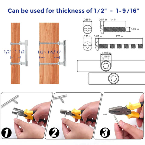 Installation guide for 20 Pack 3 Inch Hole Center Solid Kitchen Cabinet Handles in Polished Chrome showing screws and tools used