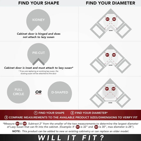 Diagram for selecting 32 Inch Kidney Shaped Dual Tier Lazy Susan Organizer For Corner Base Kitchen Cabinets In White Polymer
