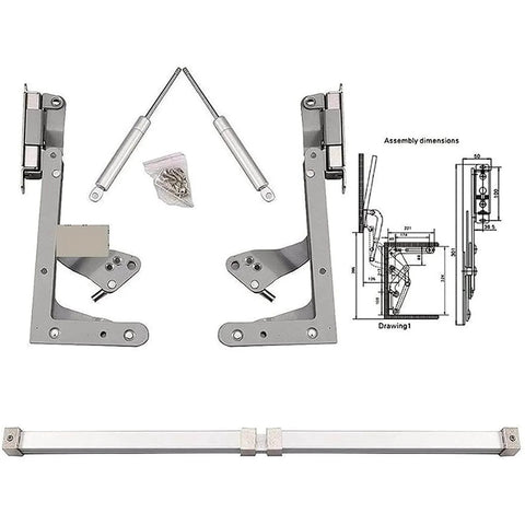 Kitchen Cabinet Door Flap Up Support Furniture Hinge components and dimensions, Translational Lift Up Mechanism kit shown.
