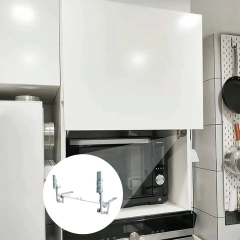 Door Hinges Set, Vertical Swing Lift Up Stay Pneumatic Arm, cabinet door partially open above microwave