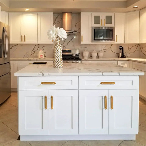 Modern kitchen with white cabinets featuring the Two Pack Antique Brass Cabinet Pulls With Backplates And Spacers 5 Inch Center To Center Drawer Handles.