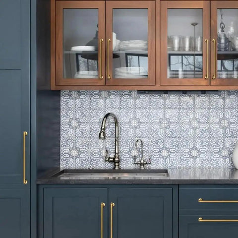 Set Of 6 5 Inch Center To Center SleekTouch Champagne Bronze Cabinet Pulls on navy kitchen cabinets with marble countertop
