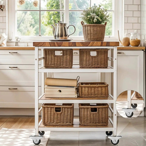 Kitchen cart with wicker baskets and 12 Pieces Fixed Caster Wheels Set With One Inch Diameter Caster Wheels And Metal Top TPE Rubber Low Profile Rollers for furniture mobility.