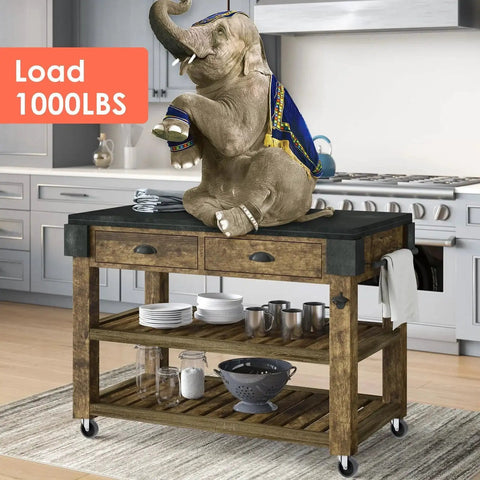 Wooden kitchen island with heavy-duty design, holding an elephant to demonstrate high load capacity on caster wheels.